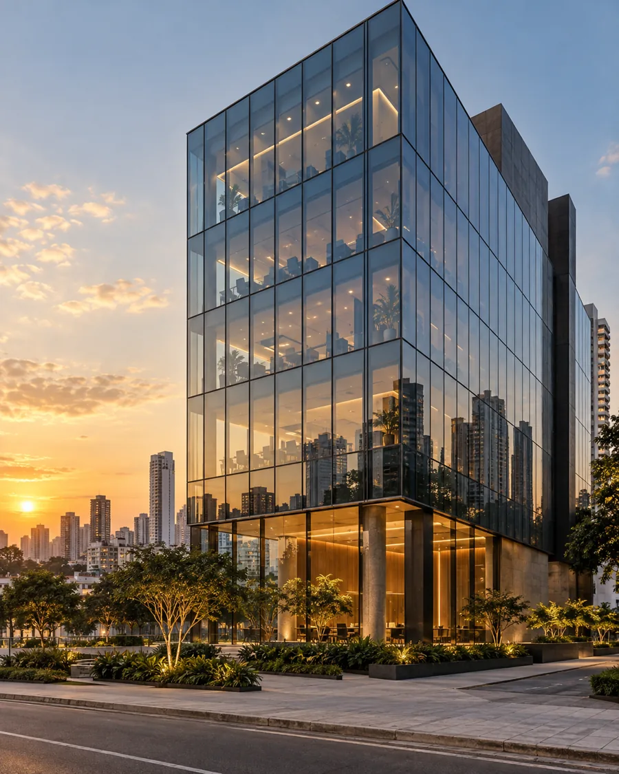 Fachada de pele de vidro em edifício comercial ilustrativo