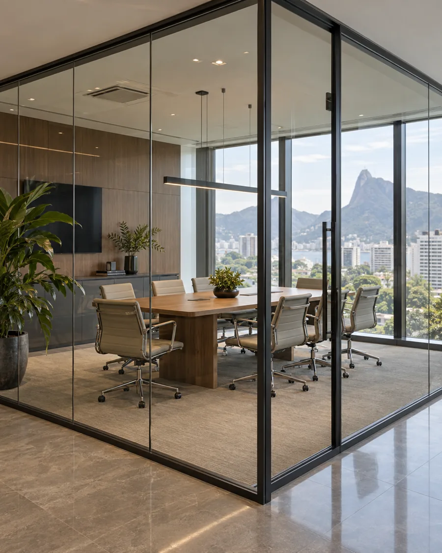 Sala corporativa com divisórias de vidro em ambiente ilustrativo